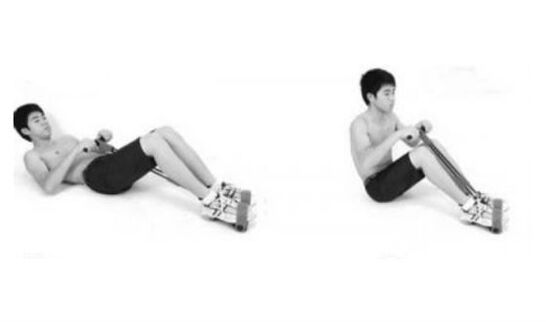 Exhal simultaneously raise the upper body and knees to the knees on the knees